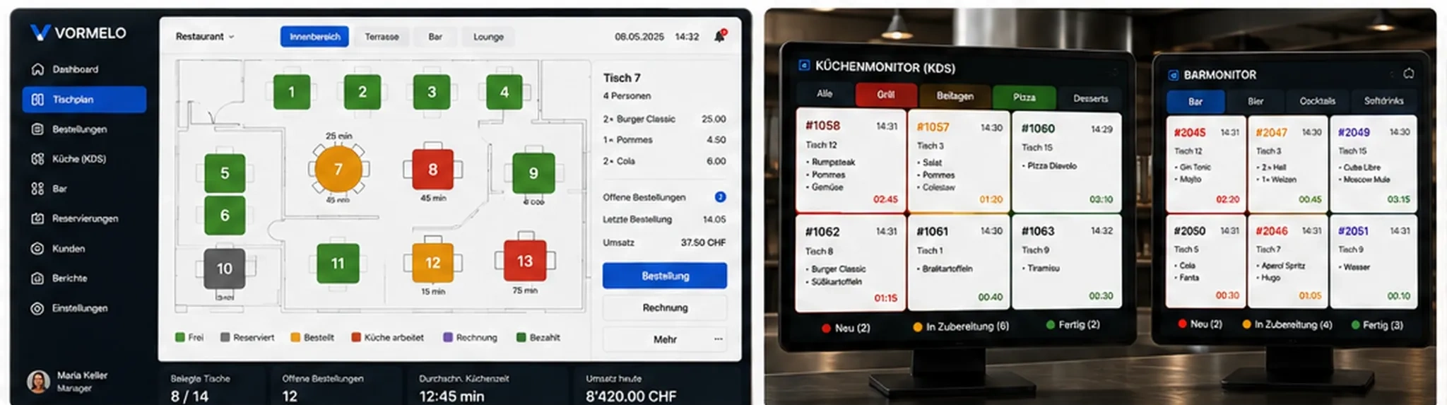 Vormelo Gastronomie mit Kassensystem, Tischservice und Küchenmonitor