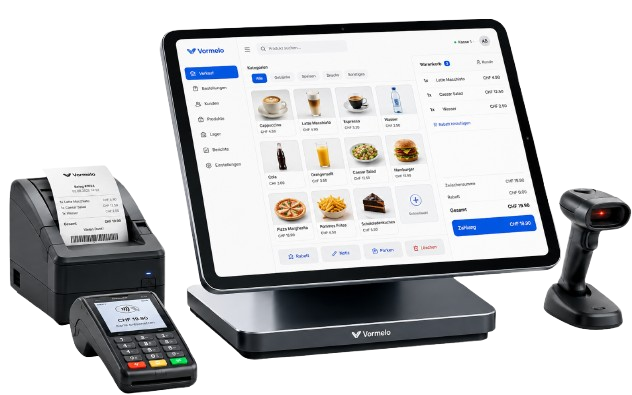Vormelo Kassensystem mit Touchscreen, Produkten und Warenkorb
